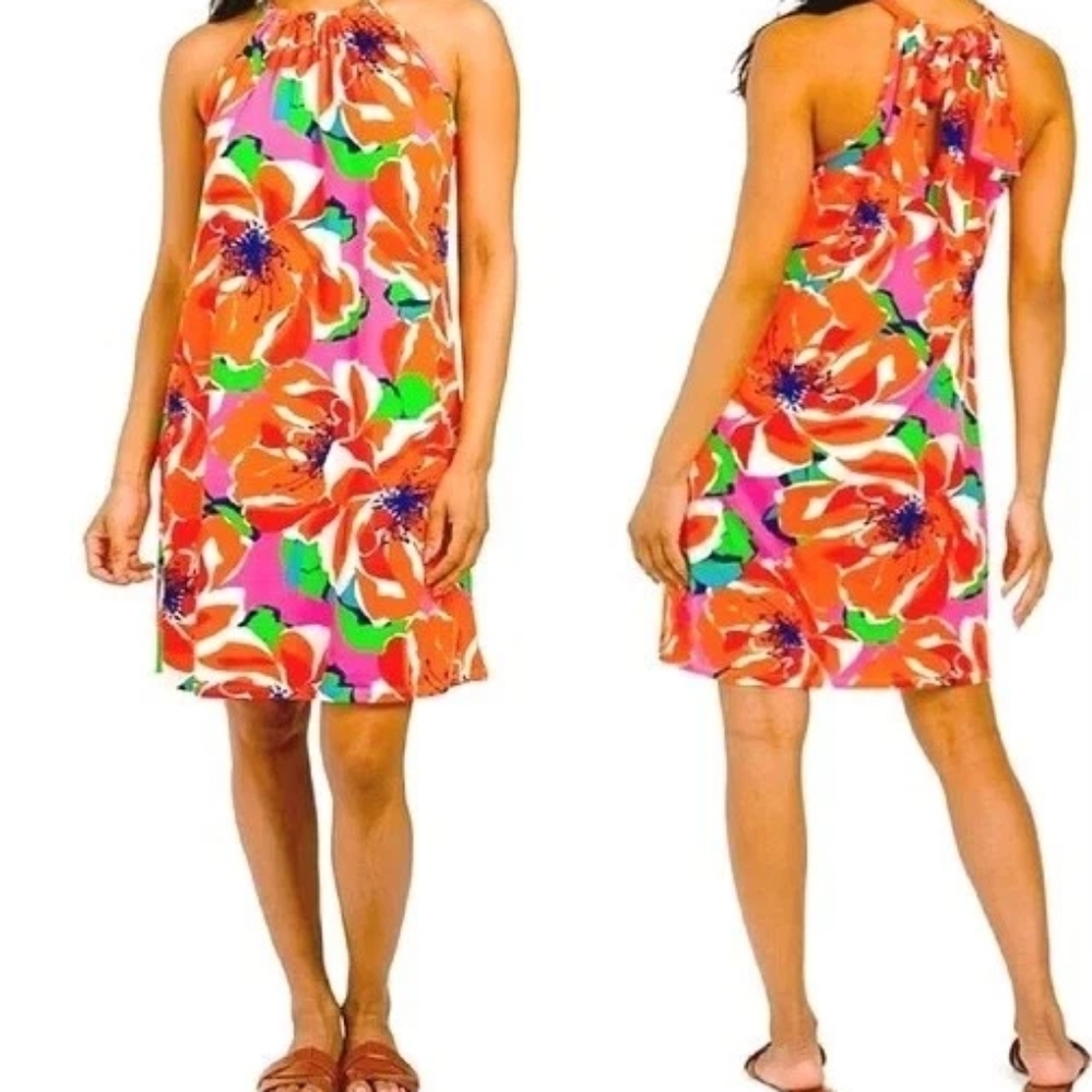 Trina Turk Juju Botanical Medley Halter Dress Tropical Floral Large - Picture 2 of 11